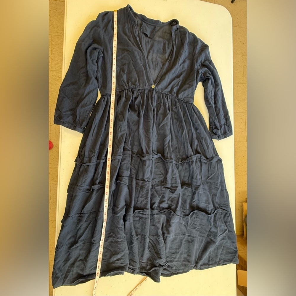 Loup Charmant Scallop Organic Cotton Navy Blue Tiered V-neck Midi Dress - Picture 6 of 11